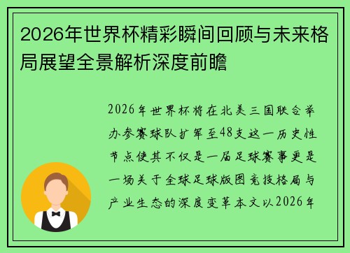 2026年世界杯精彩瞬间回顾与未来格局展望全景解析深度前瞻